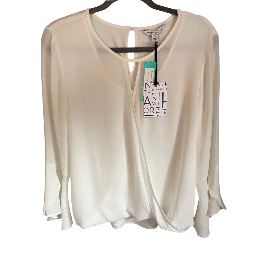 41 Hawthorn Off White Faux Wrap Blouse Long Split Bell Sleeve Keyhole NWT Med